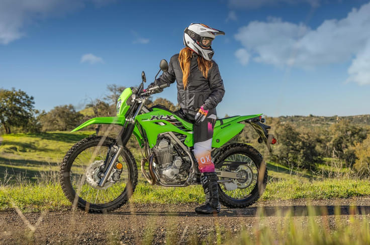 The overall design looks purposeful and eye-catching, especially in this shade of lime green. Kawasaki KLX230 static shot